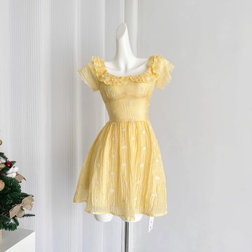 A line Scoop Short Sleeves Yellow Floral Holiday Dresses Beach Dress Birthday Outfits SD288